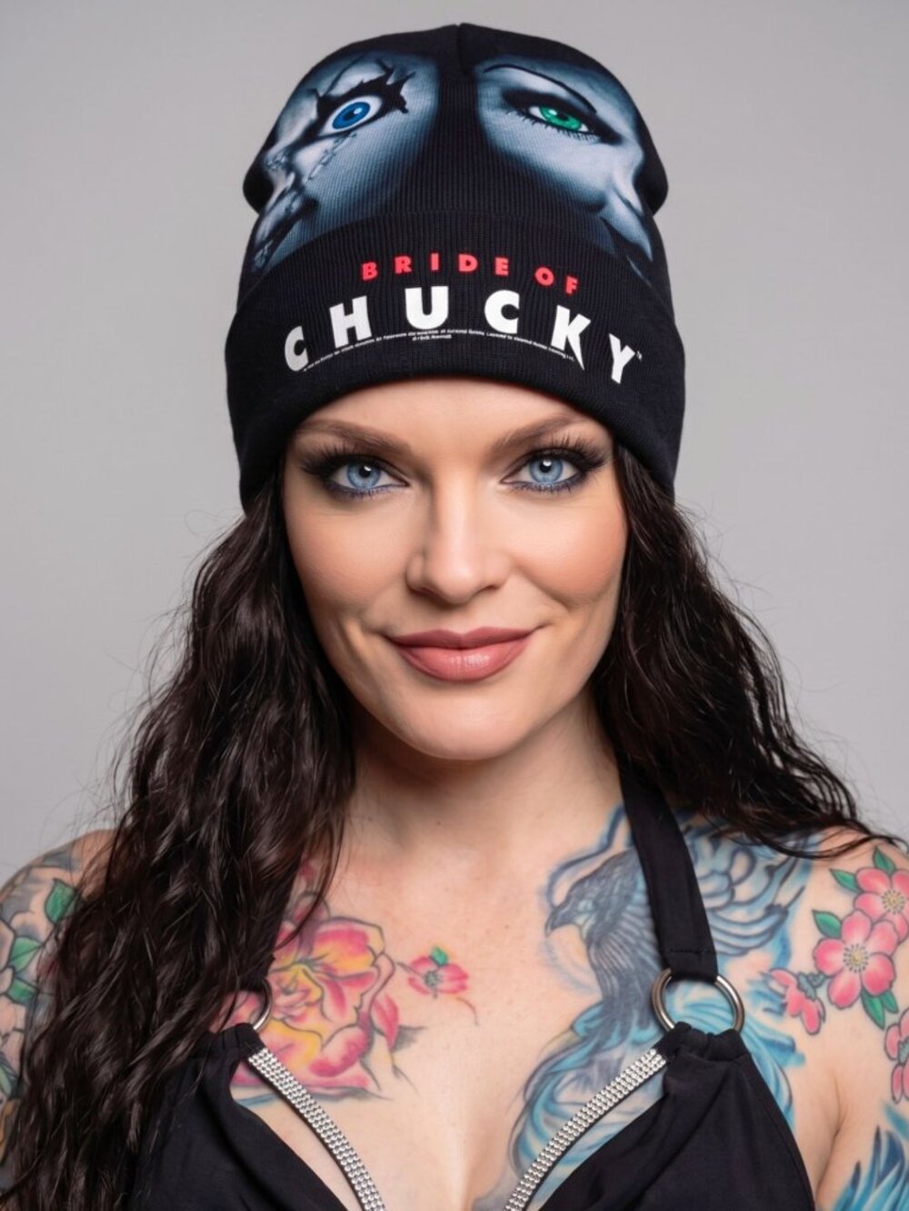 Bride Of Chucky ✦ Horror Beanie Hat ✦ Doll Eyes Graphic Black Soft Knit Spooky